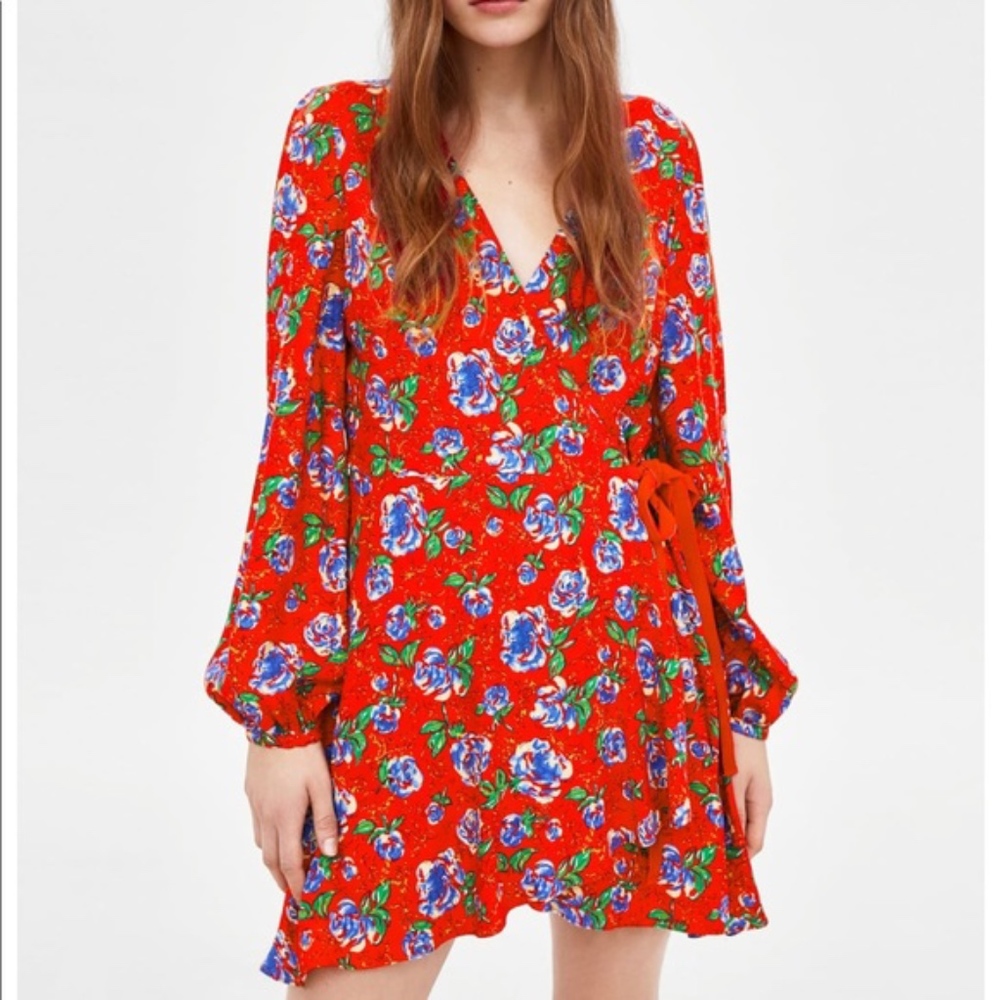 Zara Trafaluc Red Foral Romper Wrap Dress - M NEW - Picture 1 of 8